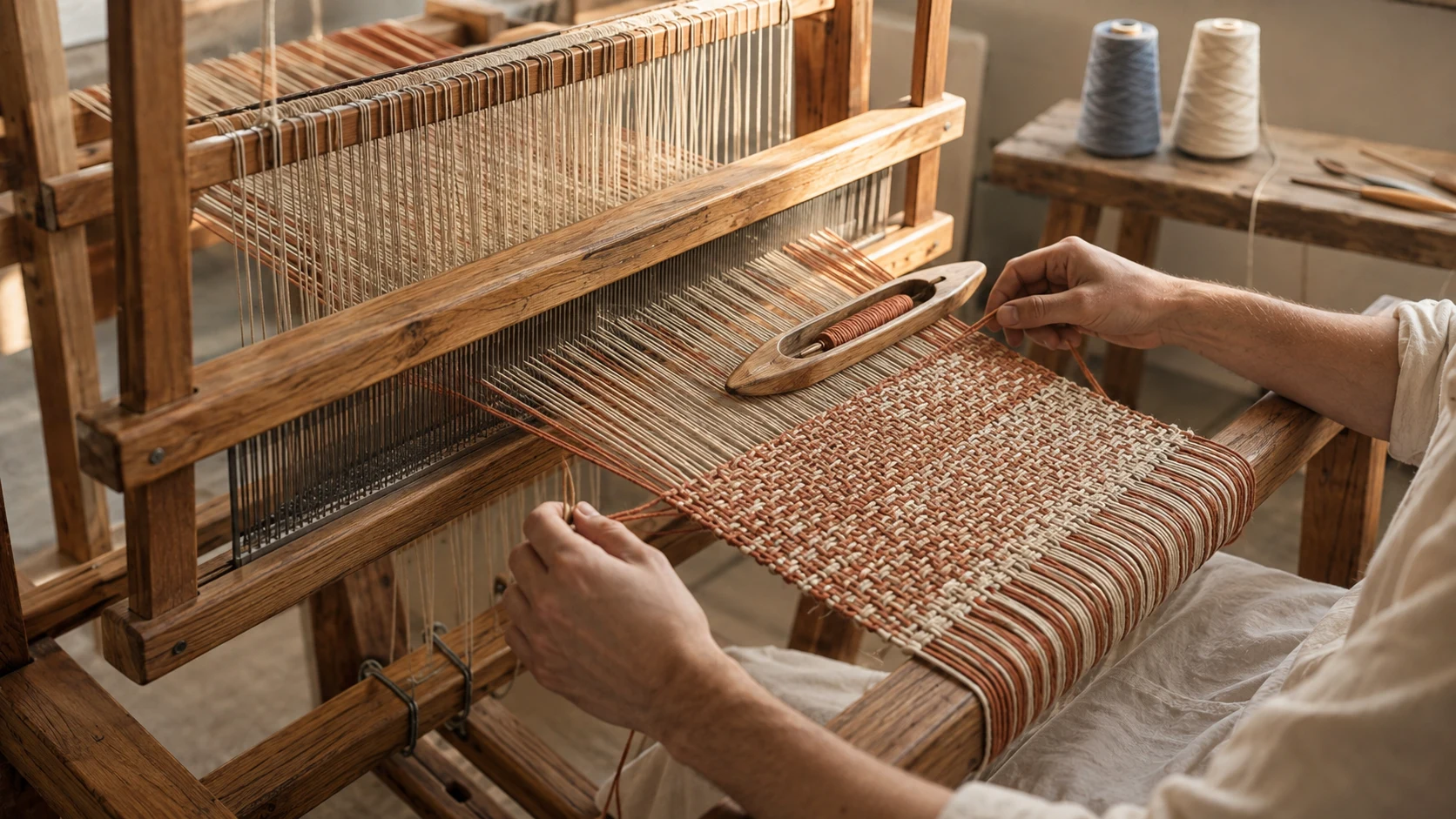 Hands weaving cream and terracotta fabric on a wooden loom in a sunlit studio.