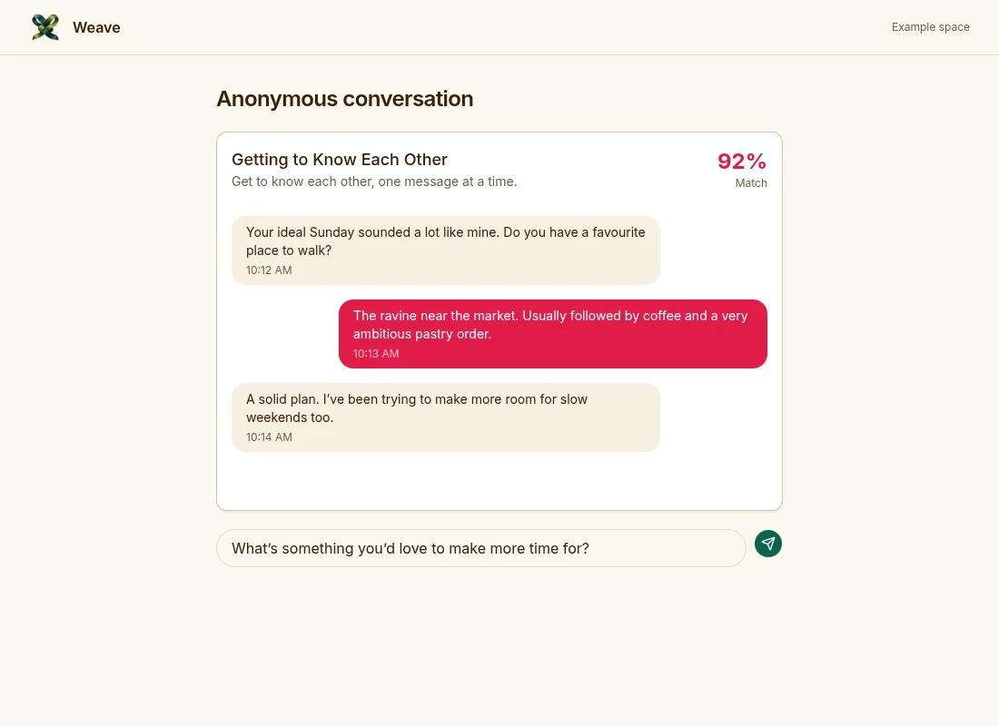 Weave's match conversation with fictional messages and an editable composer.