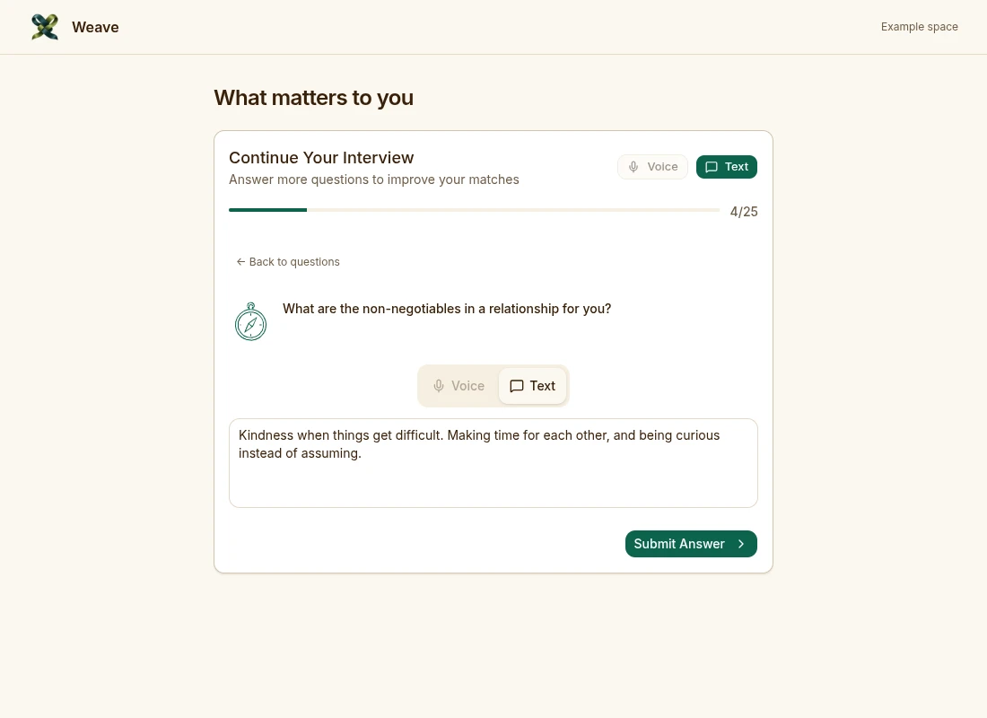 Weave's interview question flow with example answers about relationship preferences.