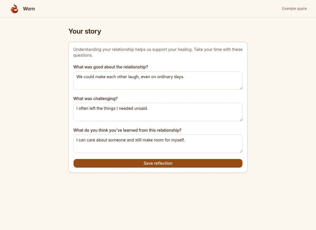 Worn reflection fields for what was good, what was challenging, and what you learned from a relationship.