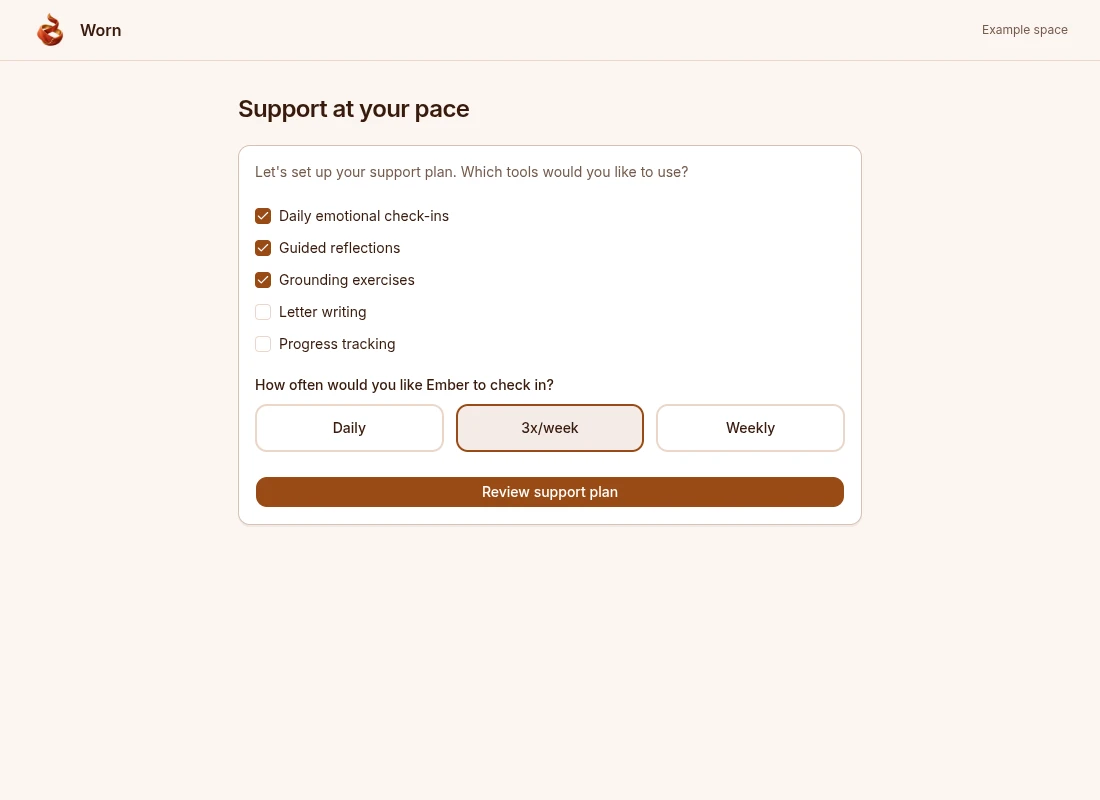 Worn's support-plan controls with example tool choices and preferred check-in frequency.