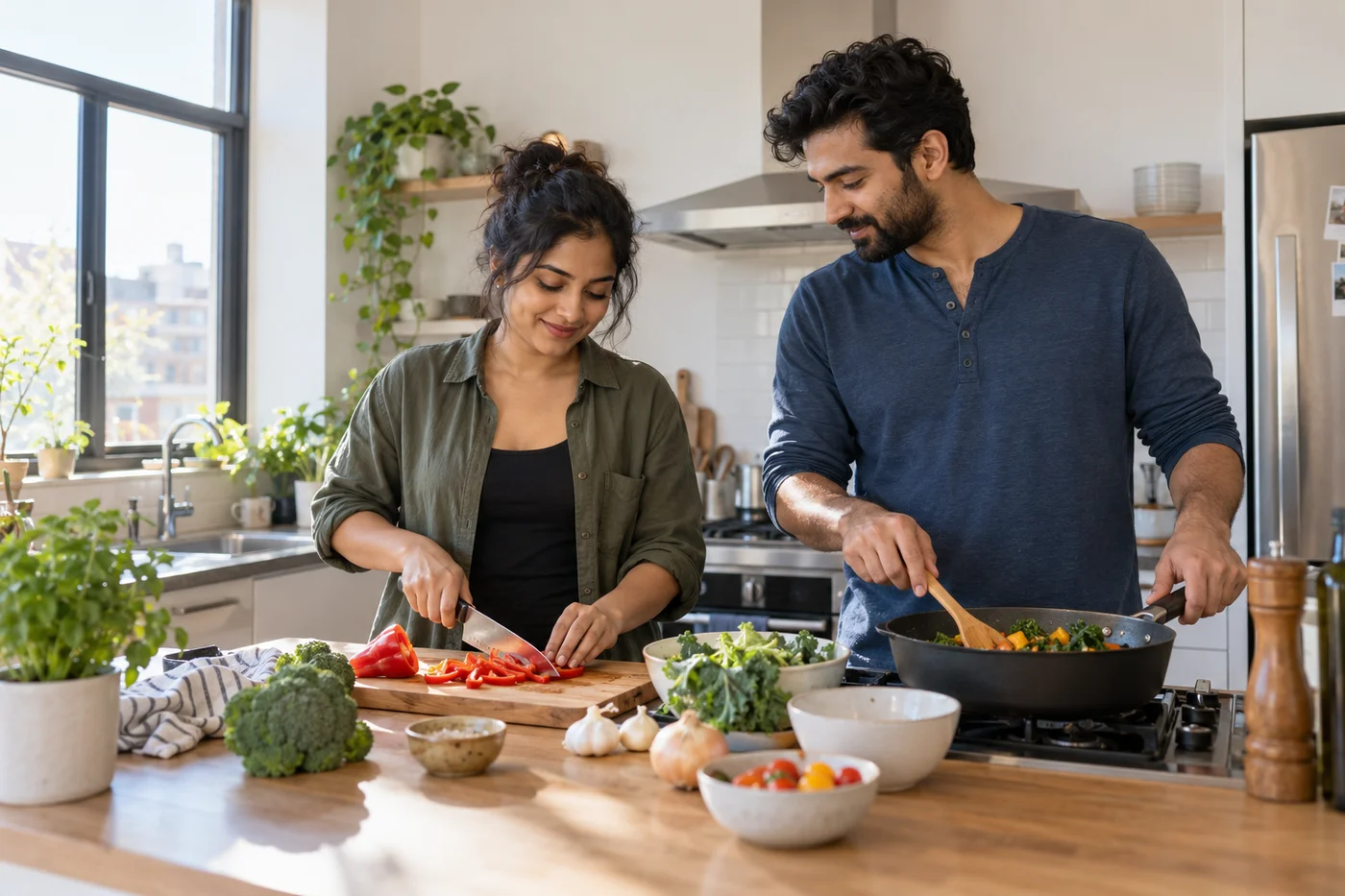 Two adults preparing a meal together in a bright kitchen.