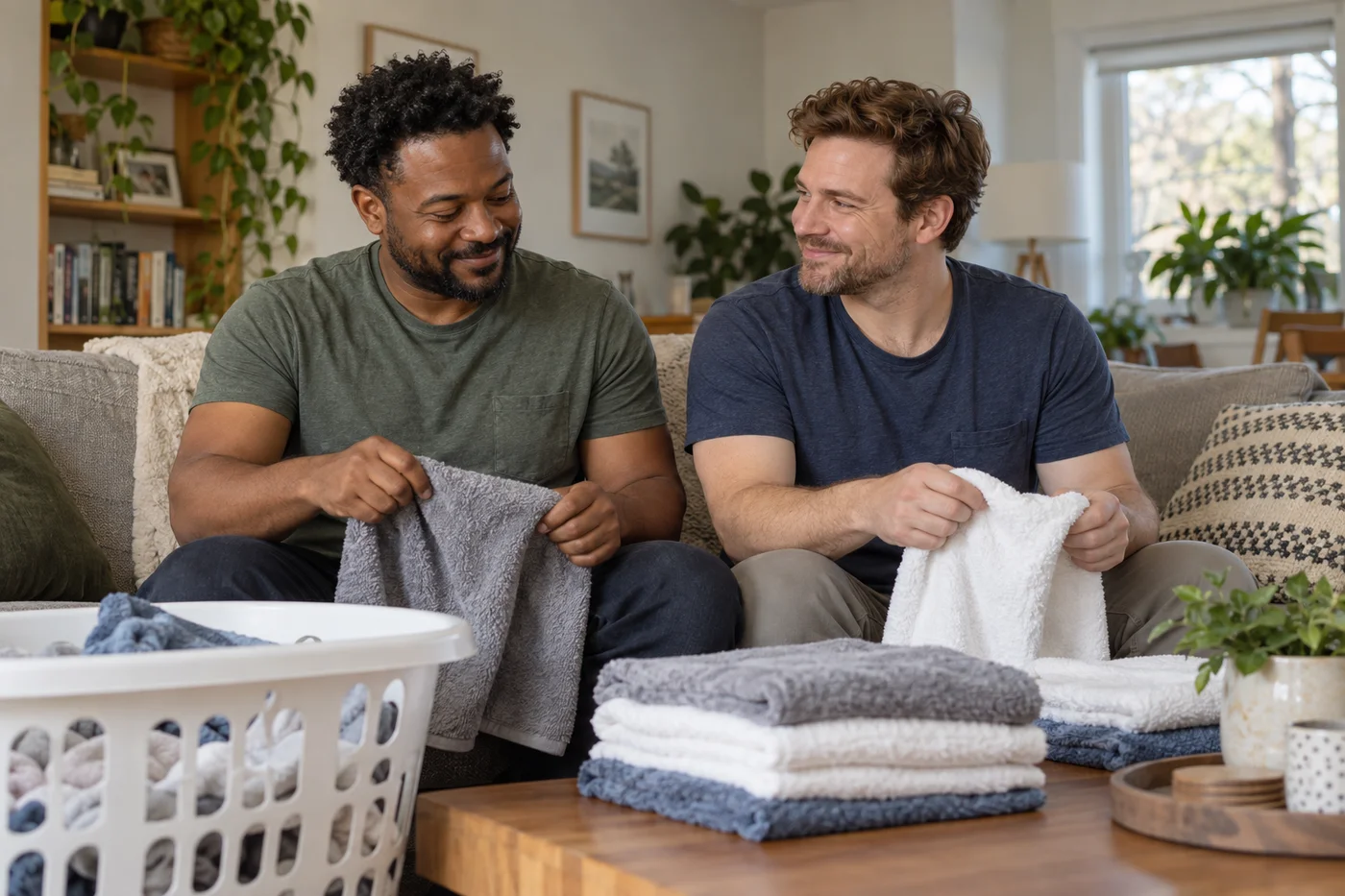 Two adults folding towels together at home.