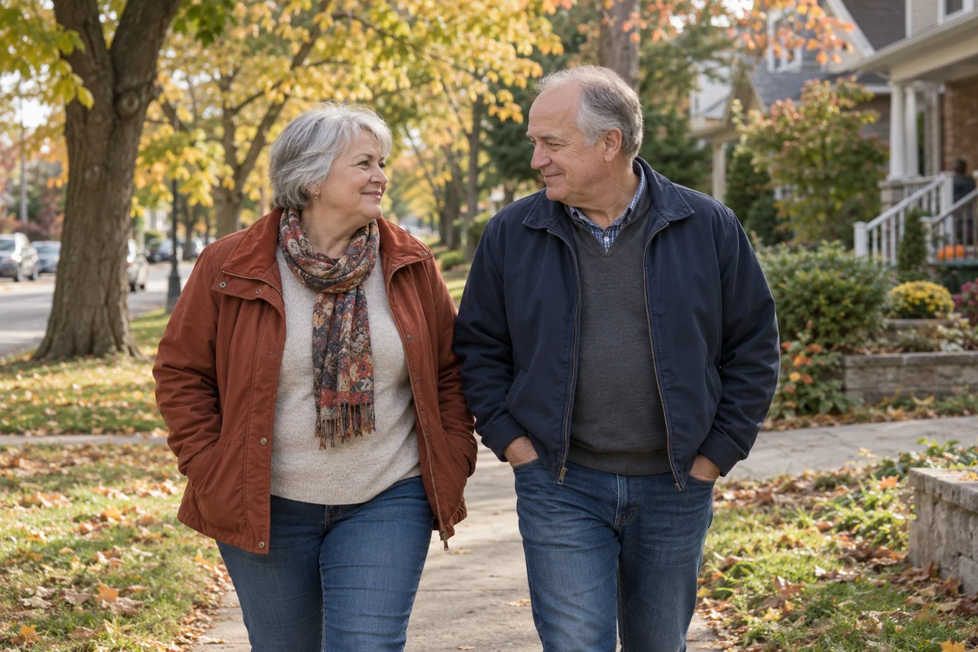 Two adults walking together on an autumn neighborhood street.