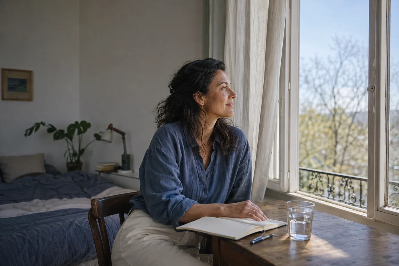 A woman sitting with an open journal beside a window.