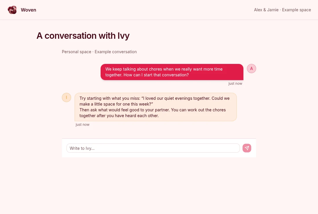 An example conversation with Ivy about making more time together, with a suggested way to start the conversation.
